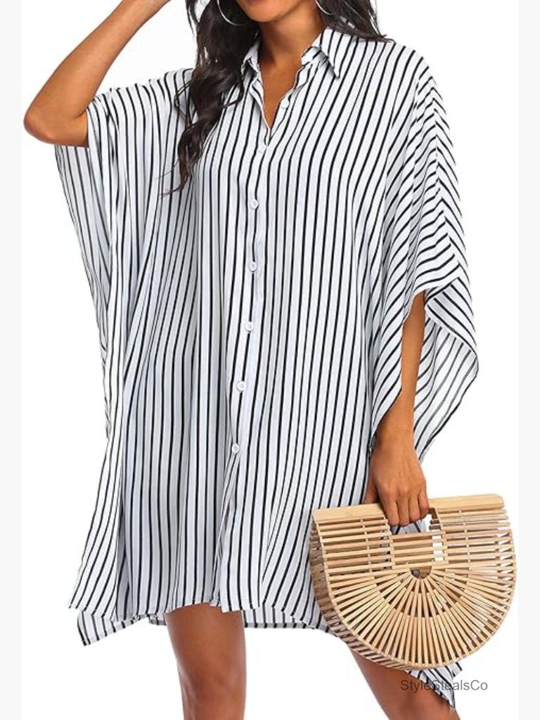 Swimsuit Cover Up 3/4 Sleeve Beachwear Button Down Oversized S-3xl